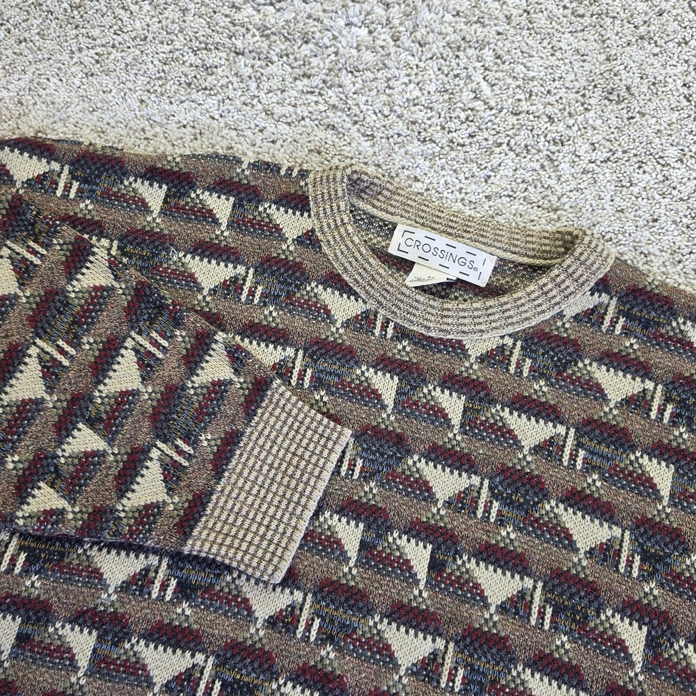 CROSSINGS Sweater Mens M Brown Geometric Acrylic Crewneck Pullover Casual Preppy